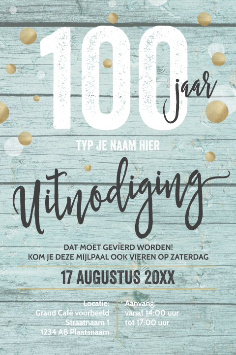 100 jaar uitnodiging verjaardag mint hout