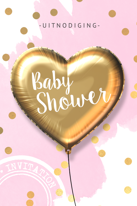 Babyshower uitnodiging roze met gouden ballon