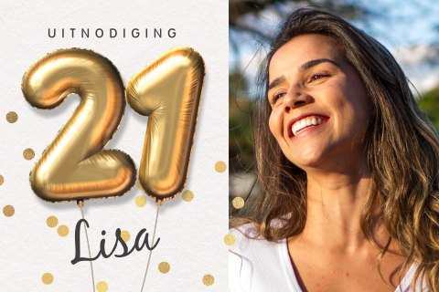 Feestelijke uitnodiging verjaardag 21 jaar met eigen foto en ballonnen