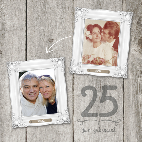 Jubileumkaart 25 jaar getrouwd uitnodiging hout fotos