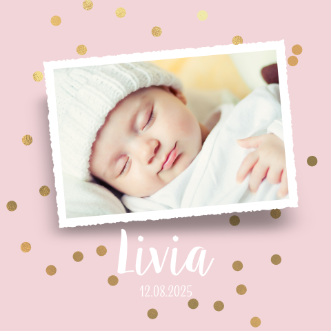 Lief geboortekaartje met foto meisje roze tinten