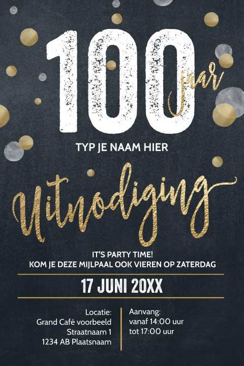 Luxe uitnodigingskaart 100 jaar verjaardag krijtbord goud wit