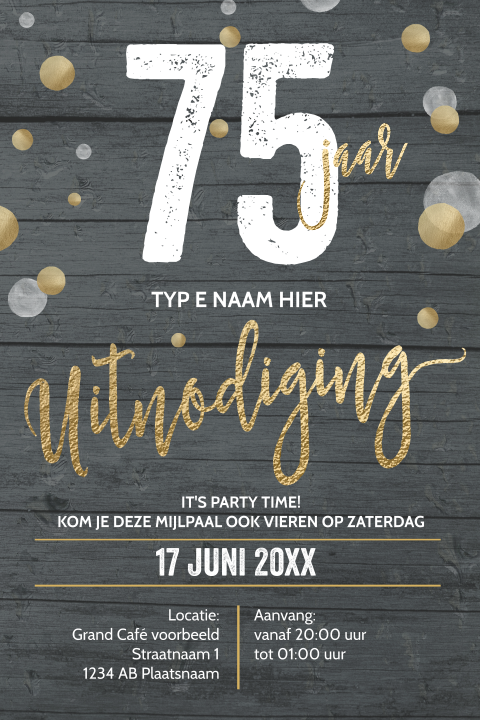 Luxe verjaardag uitnodiging voor 75 jaar grijs goud typografie