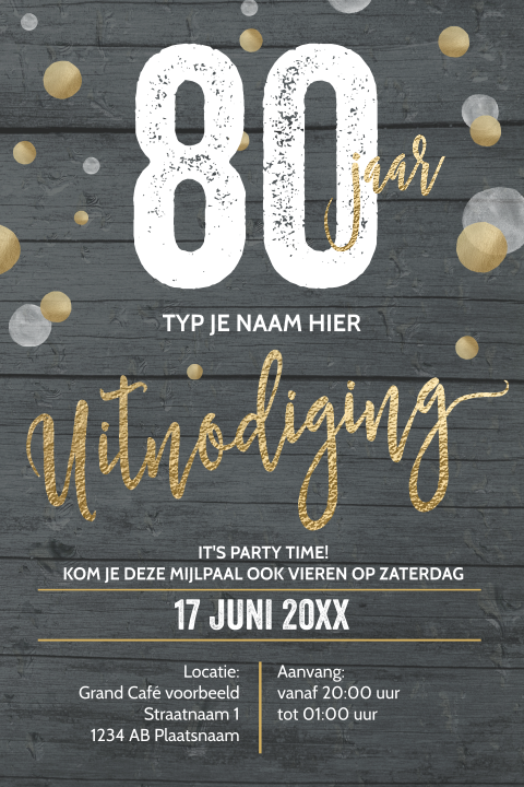 Luxe verjaardag uitnodiging voor 80 jaar wit grijs goud typografie