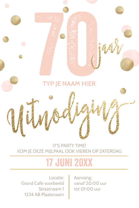 Luxe verjaardagsuitnodiging 70 jaar wit goud typografie