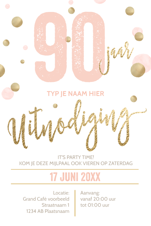 Luxe verjaardagsuitnodiging 90 jaar wit goud typografie
