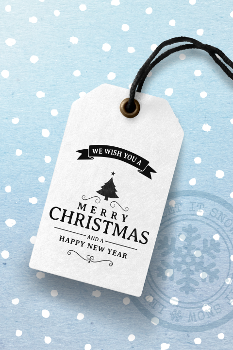Moderne kerstkaart bedrijf blauw label