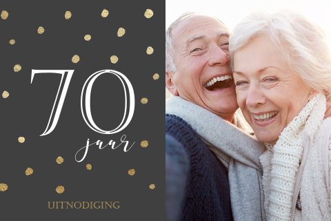 Mooie jubileum uitnodiging 70 jarig huwelijk met foto grijs goud