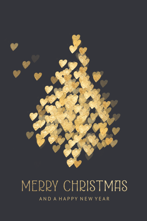Stijlvolle kerstboom gouden hartjes kerstkaart