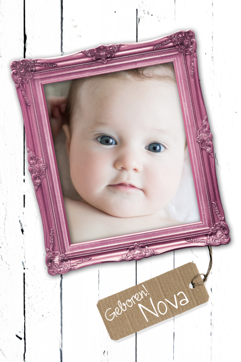 Trendy geboortekaartje wit hout foto roze lijst