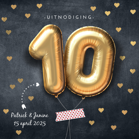 Uitnodiging 10 jarig jubileum goud ballonnen