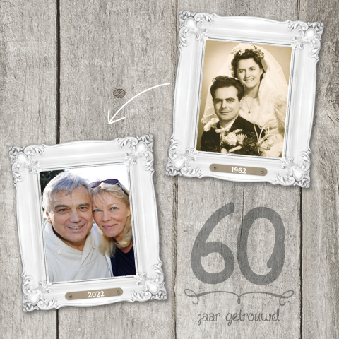 Uitnodiging 60 jaar getrouwd jubileumkaart hout fotos