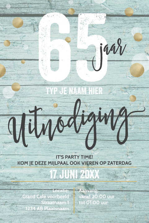 Uitnodiging 65 jaar verjaardag mint hout typografie