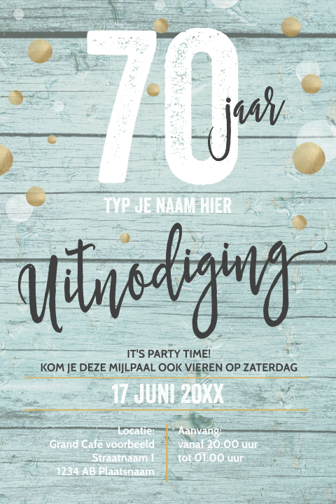 Uitnodiging verjaardag 70 jaar mint hout typografie