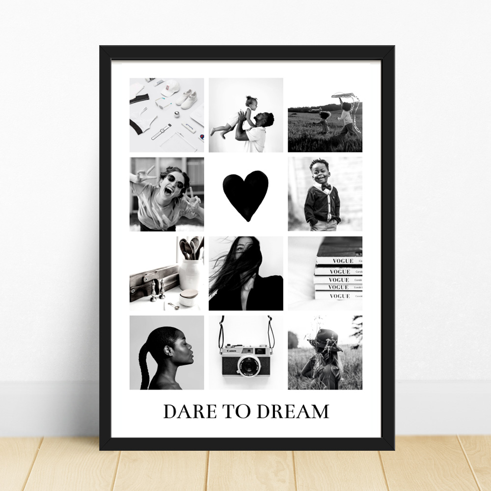 Zwart wit collage poster met fotos woonkamer cadeau