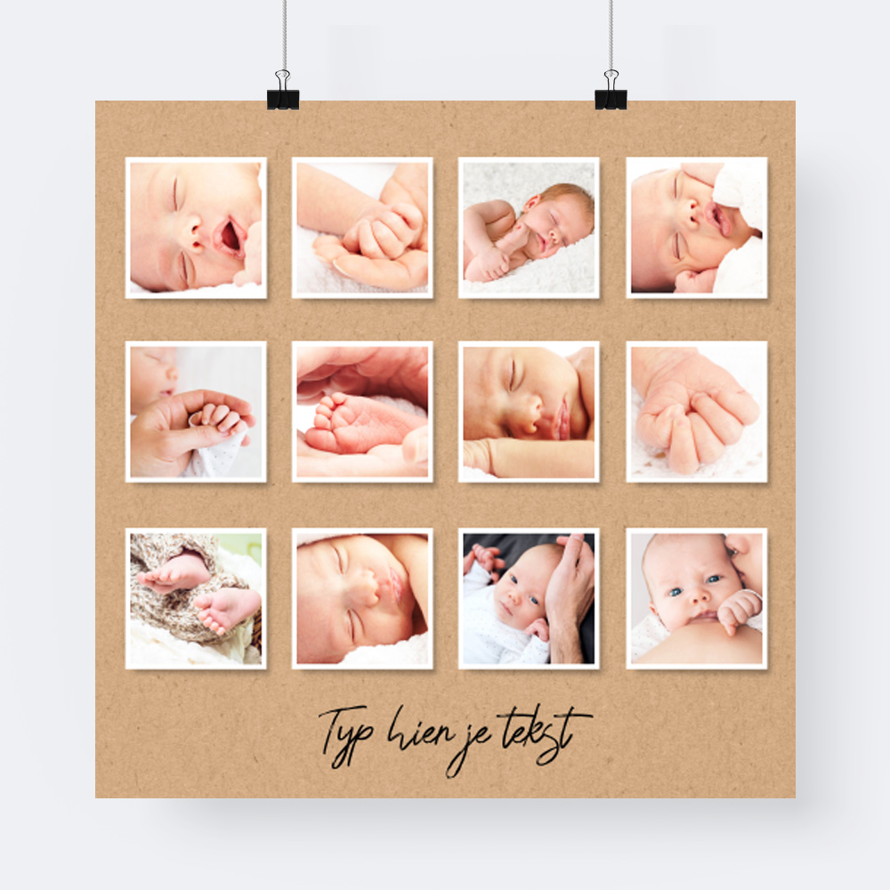Geboorte poster 12 baby foto's kraft look
