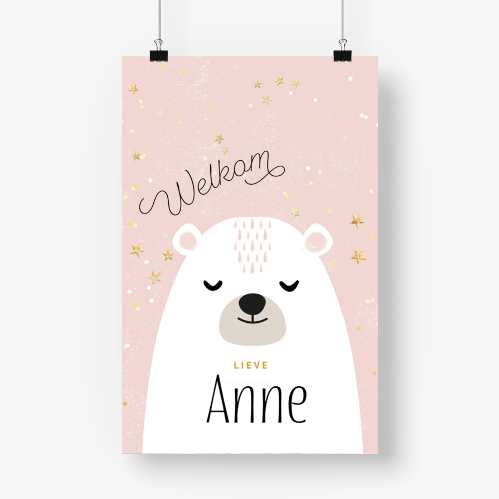 Poster beer roze babykamer kinderkamer eigen naam