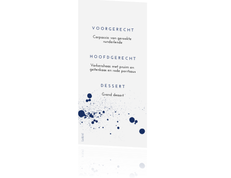Menukaart Bruiloft Donker Blauw Spetters